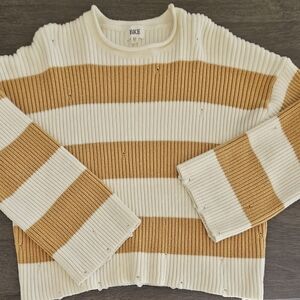 BKE Women's Ribbed Striped Sweater - Cream and Brown